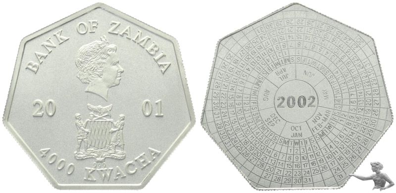 Sambia 4000 Kwacha 2001 Siebeneckig Kalender 2002